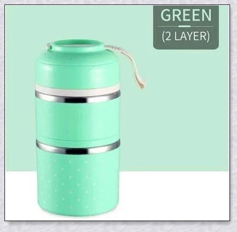 Insulated Hot Food Thermos Lunchbox Tower with multi-layer design and choice of green, pink, blue, or gray colour