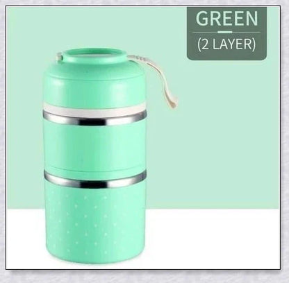 Insulated Hot Food Thermos Lunchbox Tower with multi-layer design and choice of green, pink, blue, or gray colour