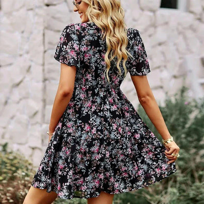 Elegant V-neck chiffon A-line dress with flowy sleeves in black colour