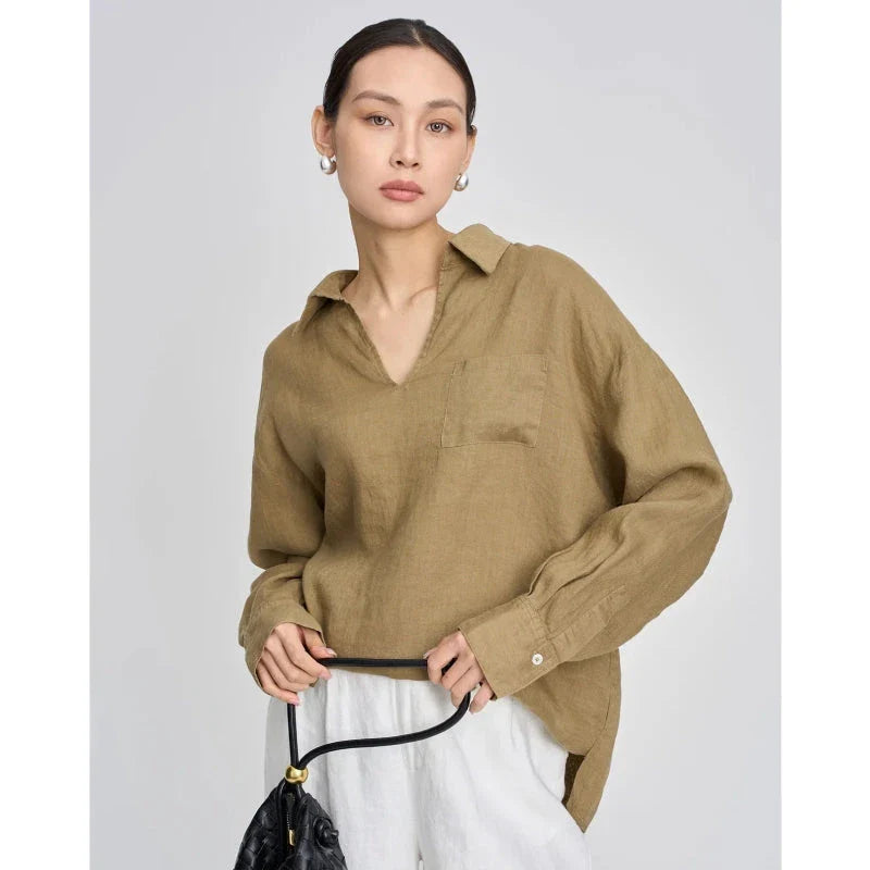 Premium linen v-neck long sleeve shirt for women in khaki colour, featuring breathable fabric and wrinkle-resistant design.