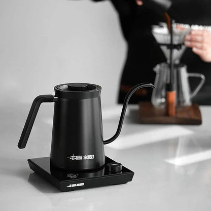 A stainless steel electric gooseneck kettle with precise temperature control and an elegant design, perfect for hand-brewing coffee at home.