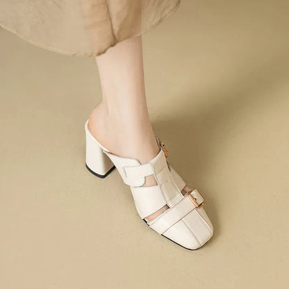 Exquisite embroidered leather high heel slippers in khaki colour, showcasing intricate detailing and a stable square heel design for stylish summer wear