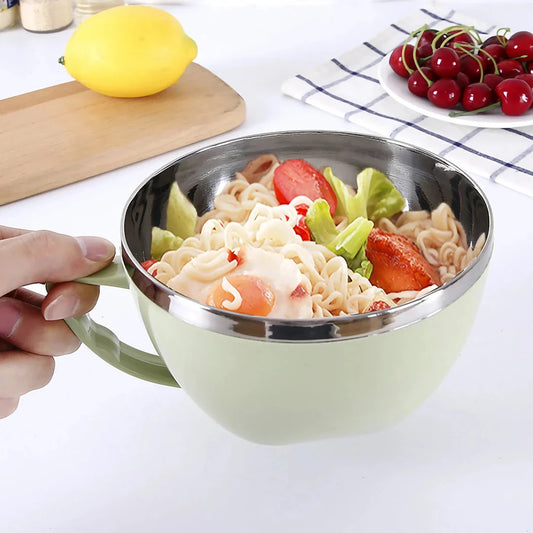 Stylish stainless steel mixing bowl in various colours with an ergonomic handle for safe and convenient use in the kitchen