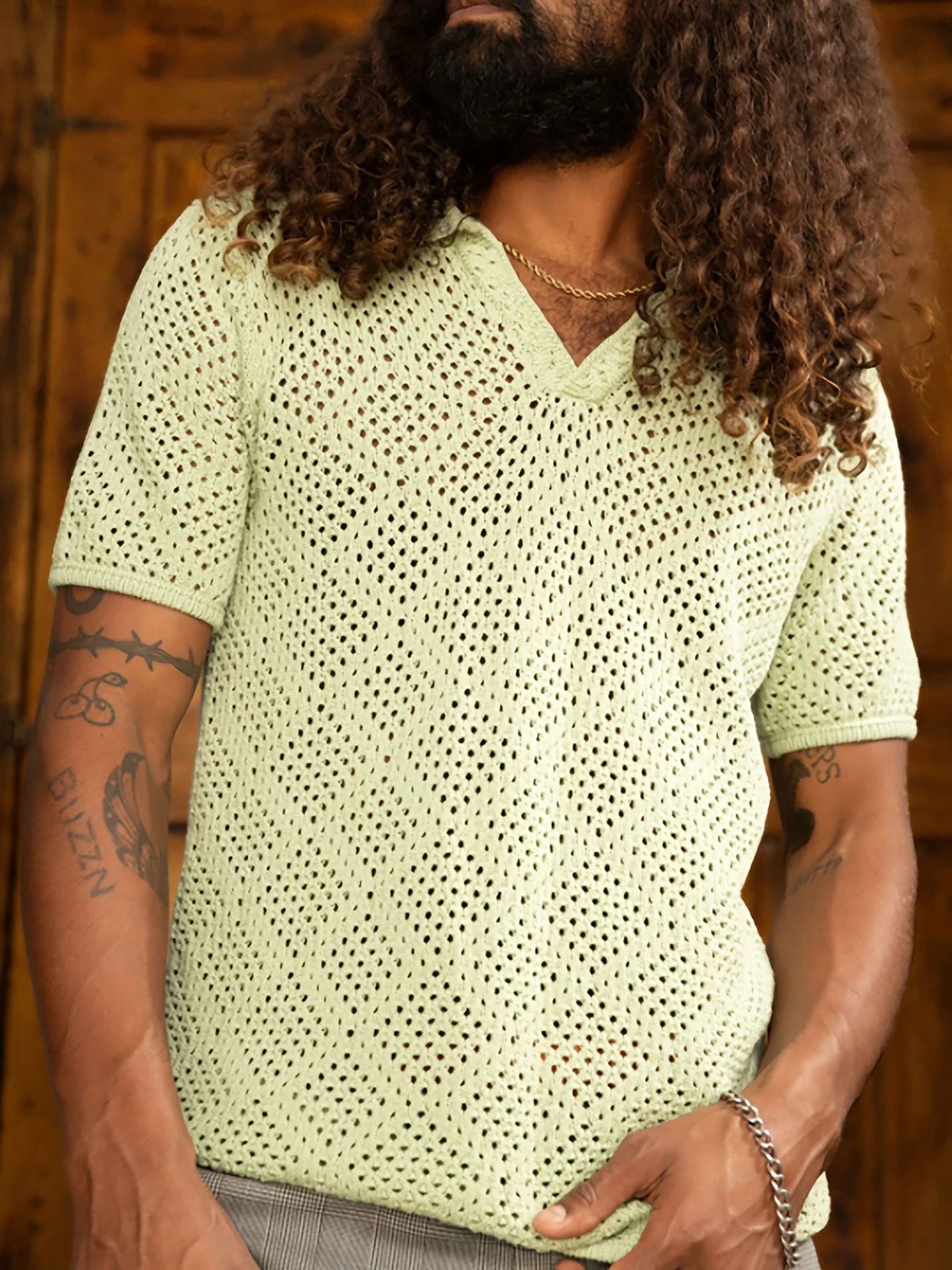 Premium quality men's knitted summer shirt in green, navy, and beige colours with a classic pullover design