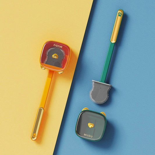 Stylish cat-themed wall-mounted toilet brush set in various colours, including green, orange, white, and grey