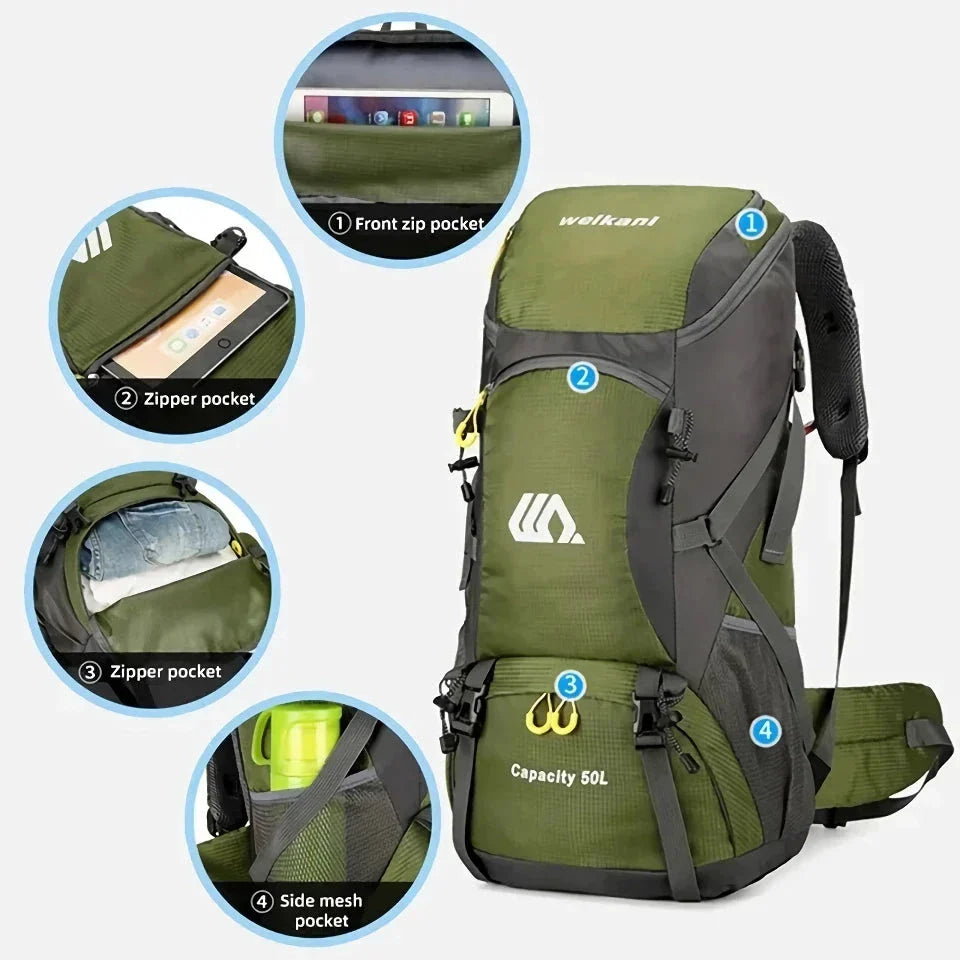 Premium 50L waterproof backpack with hydration system, shoe compartment, and reflective safety features for outdoor adventures