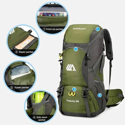 Premium 50L waterproof backpack with hydration system, shoe compartment, and reflective safety features for outdoor adventures