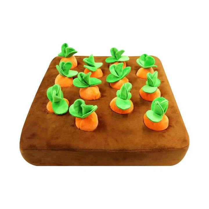 Premium soft plush carrot-shaped dog toy with non-slip backing for engaging, interactive playtime