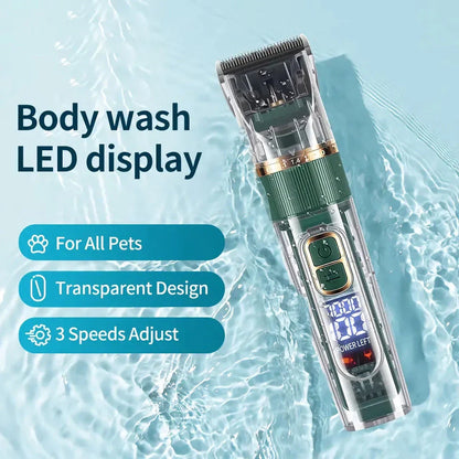 A professional pet hair trimmer with premium stainless steel blades and adjustable settings for customised grooming