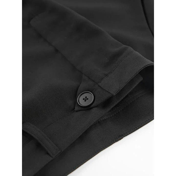 Elegant black ankle-length A-line skirt with pockets, made of high-quality polyester, spandex, and viscose blend fabric