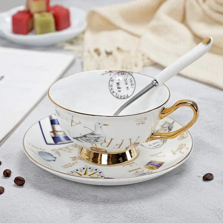 Charming floral porcelain tea set with cup, saucer, and spoon in a variety of delicate colour options