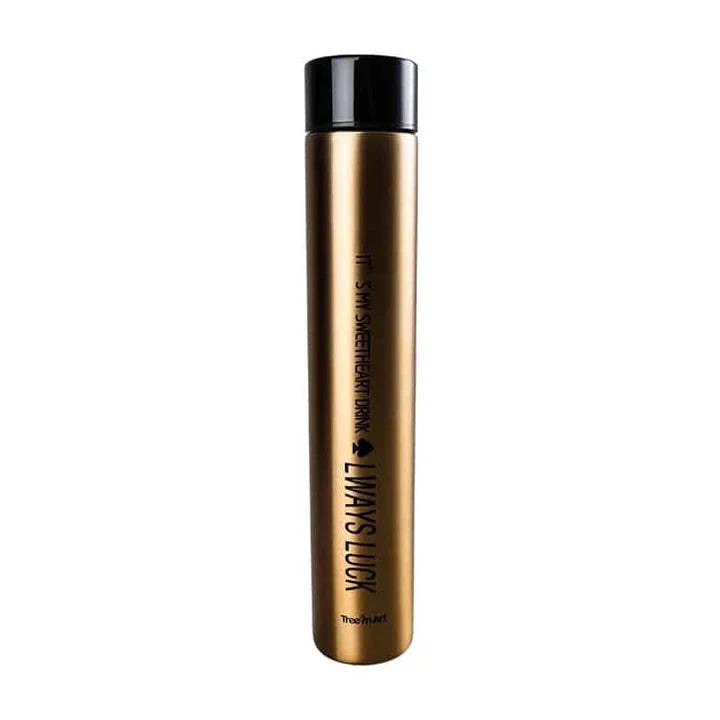 Elegant and slim stainless steel travel thermos in gold colour, with a straight cup design for comfortable one-handed use