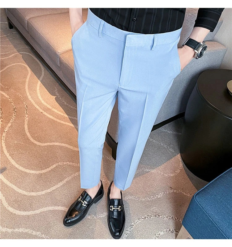 Premium men's suit trousers in a variety of colours, featuring a subtle textured drape and exceptional stretch for all-day comfort and style.