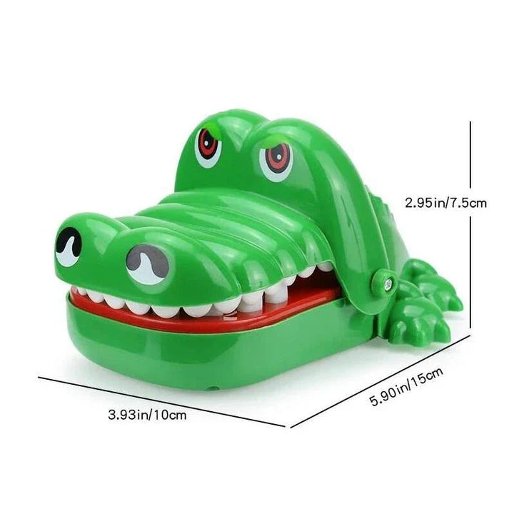 Whimsical green crocodile dentist game with bulging eyes and teeth, perfect for family fun and children's parties