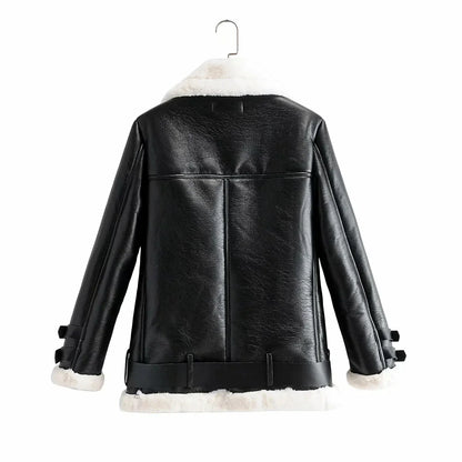 Warm faux leather jacket with plush faux fur lining, available in classic British colours for autumn and winter wear.
