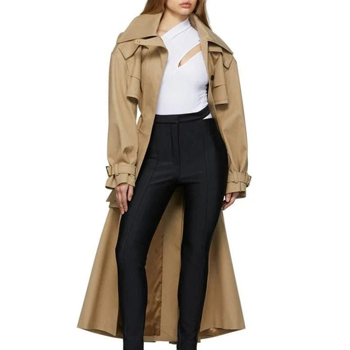 A stylish high-waist hollow-out trench coat in khaki green, designed for the modern British woman's autumn wardrobe.