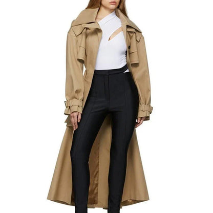 A stylish high-waist hollow-out trench coat in khaki green, designed for the modern British woman's autumn wardrobe.
