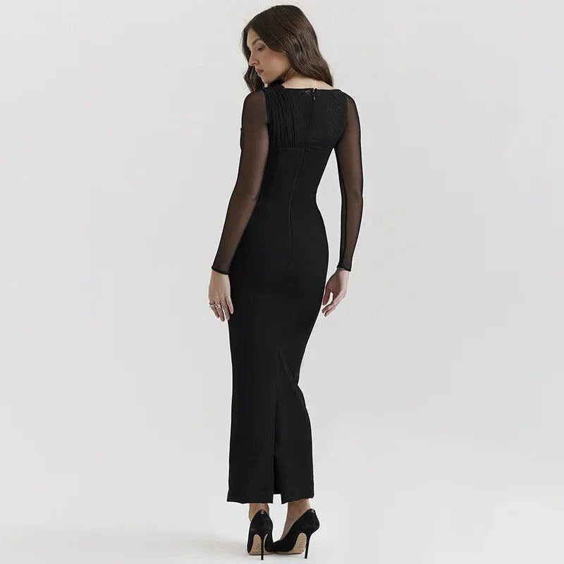 Elegant one-shoulder mesh bodycon maxi dress in green colour, perfect for formal events and night outs