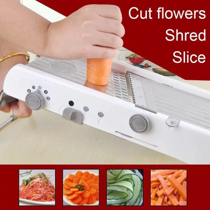 Premium manual vegetable slicer with stainless steel blades and ABS frame for effortless slicing, dicing, and shredding of fresh produce