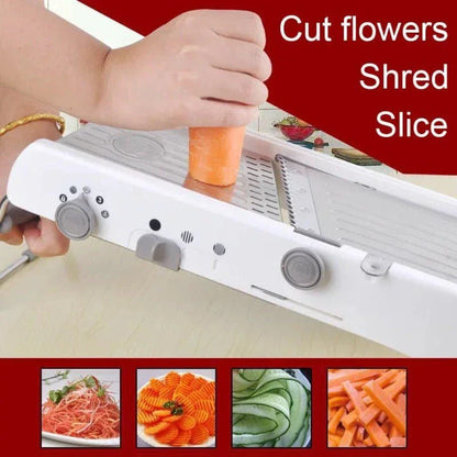 Premium manual vegetable slicer with stainless steel blades and ABS frame for effortless slicing, dicing, and shredding of fresh produce