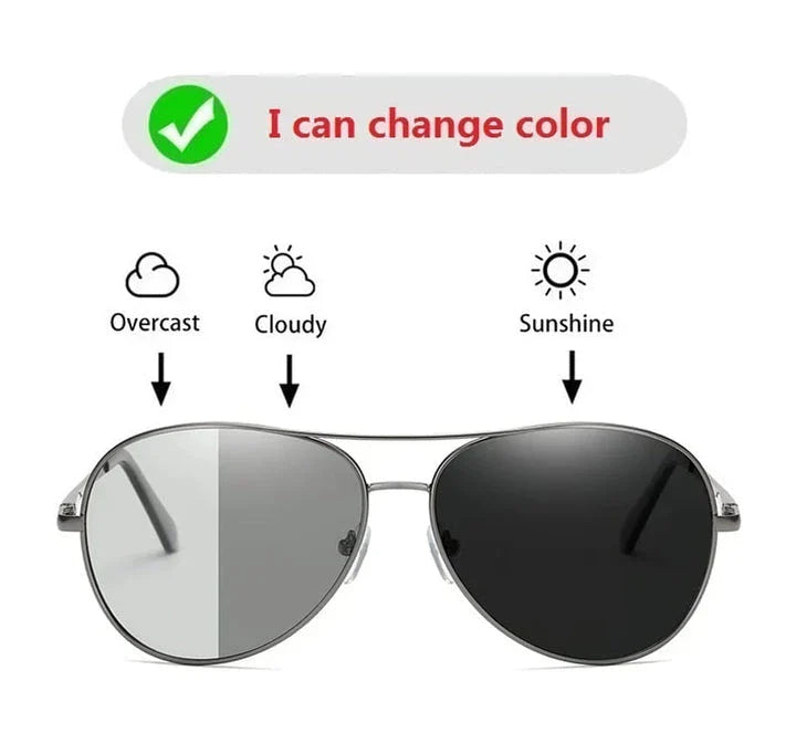 Photochromic Pilot Sunglasses with silver lenses that adjust tint based on light conditions