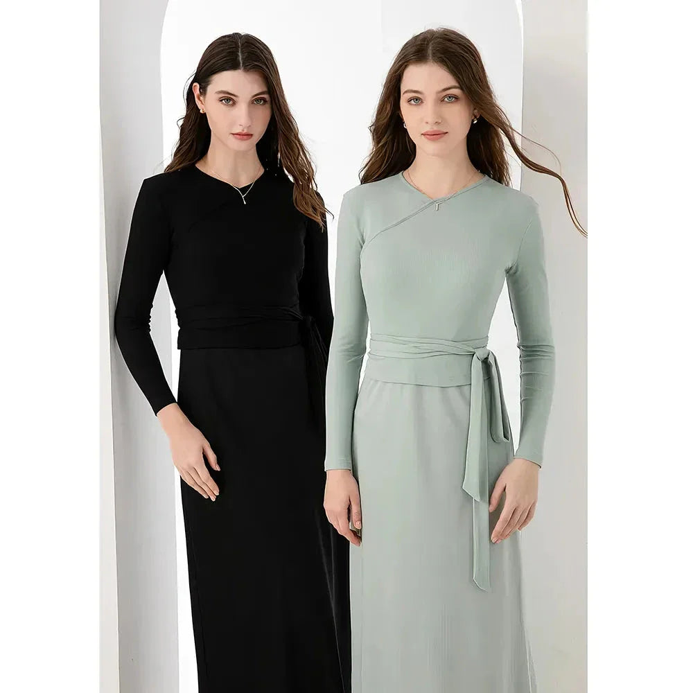 Premium high-stretch ribbed wrap top and flowing matte satin maxi dress set in black, tan, and green colours