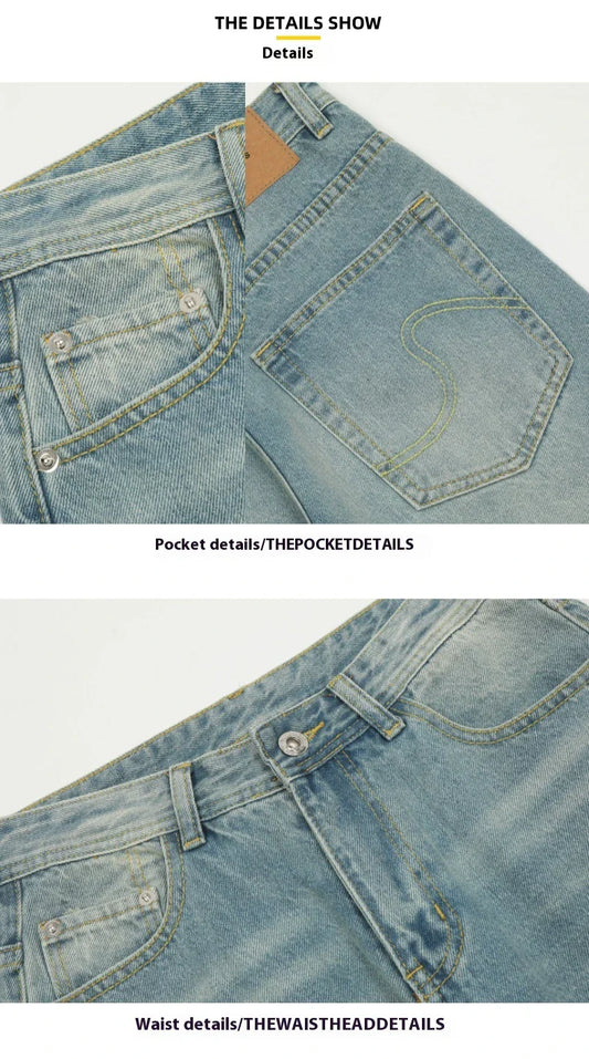 Premium light blue washed relaxed fit jeans with subtle fading and distressing, made from high-quality cotton for exceptional comfort and durability.