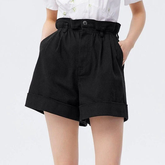High-waist A-line casual shorts for women in a soft, durable fabric blend with an elastic waistband and side pockets for comfort and style.
