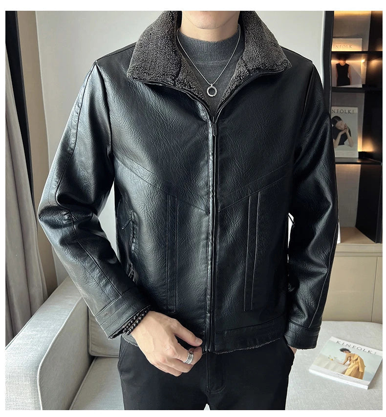 Premium plus-size leather jacket in classic Hong Kong style with velvet padding for exceptional comfort and warmth