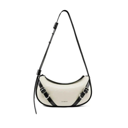 Elegant black shoulder and crossbody baguette bag made with premium split leather and synthetic lining