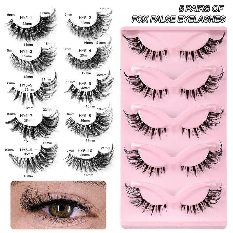 Pair of 3D cat eye and fox eye false eyelashes made from high-quality synthetic fibres for a natural, voluminous look