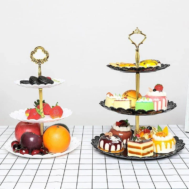 A vibrant multicoloured cake stand made of premium durable plastic, designed to elegantly display desserts and baked goods.