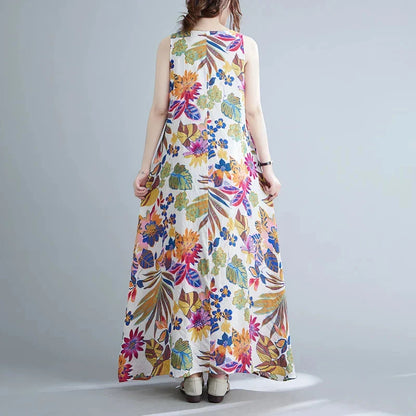 Elegant floral print cotton linen maxi dress in blue, perfect for warm weather wear