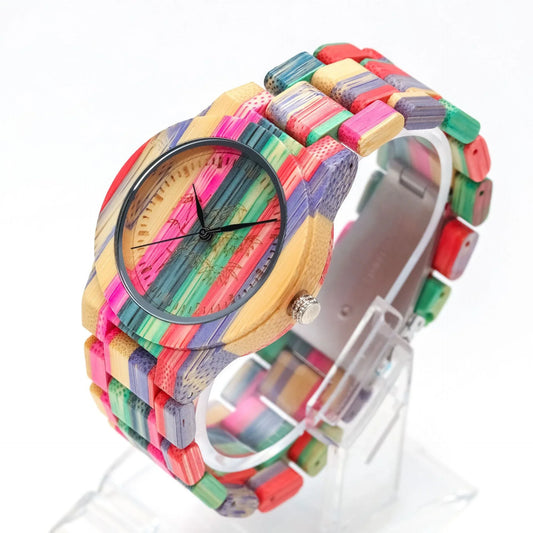 Stylish quartz watch with bamboo wood case and strap in a vibrant colourway