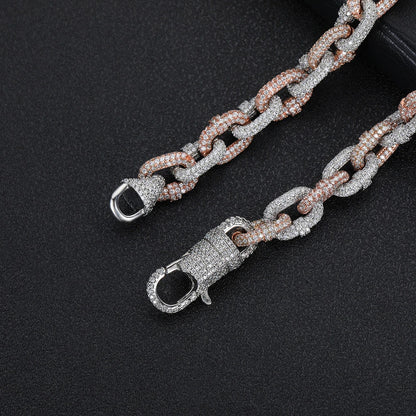 Premium two-tone copper necklace with inlaid zircon detailing and classic Cuban link chain design