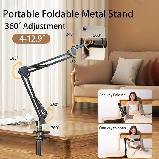 A 360-degree rotatable and adjustable tablet and phone stand with a long arm and stable support for versatile viewing
