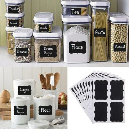 Premium black label decorative stickers for glass jars and bottles, perfect for organising pantries and decorating home bars