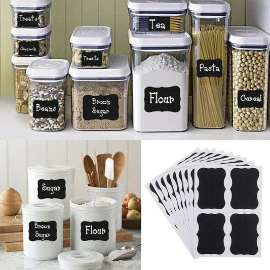 Premium black label decorative stickers for glass jars and bottles, perfect for organising pantries and decorating home bars