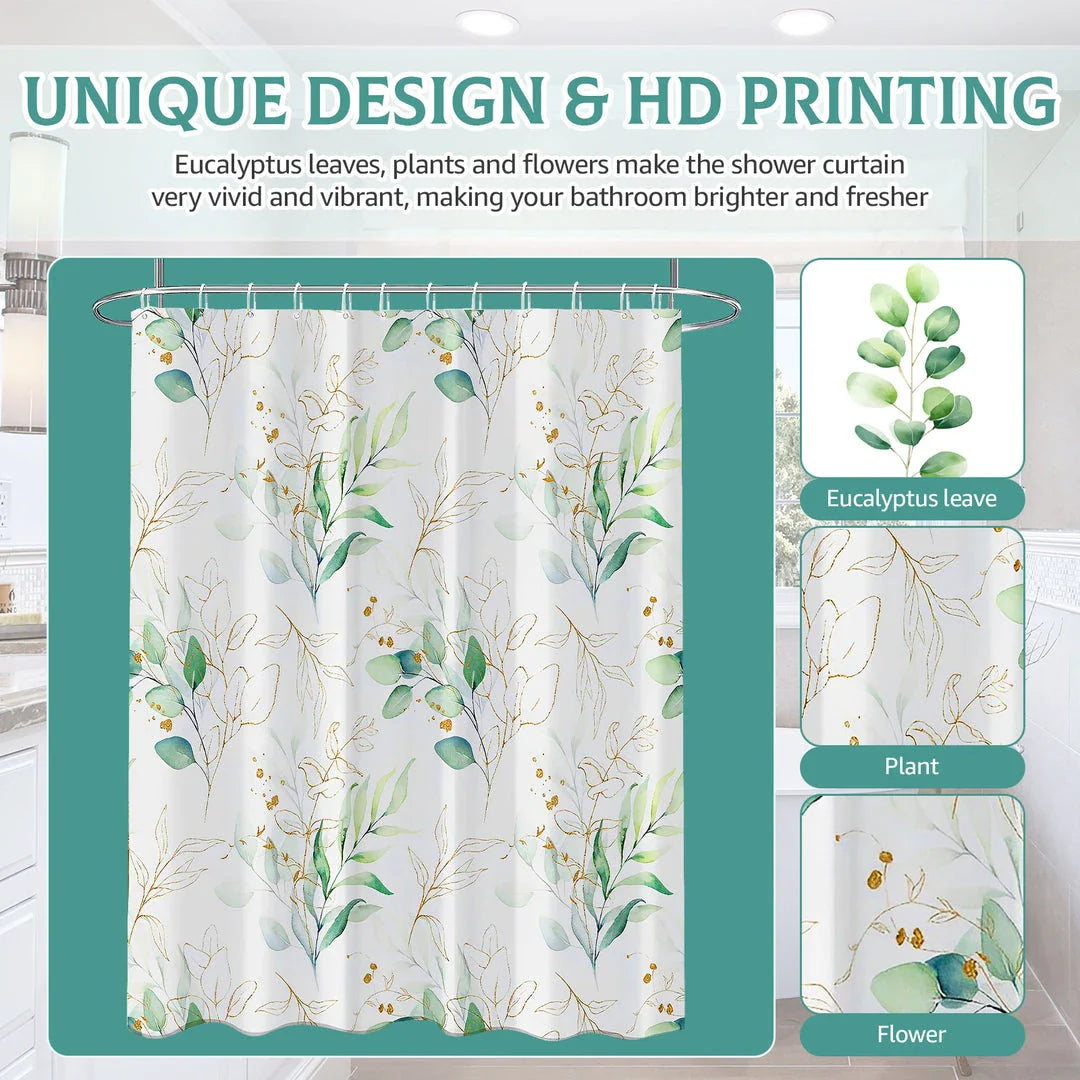 Elegant leaf-patterned waterproof shower curtain with a nature-inspired design, suitable for UK bathrooms