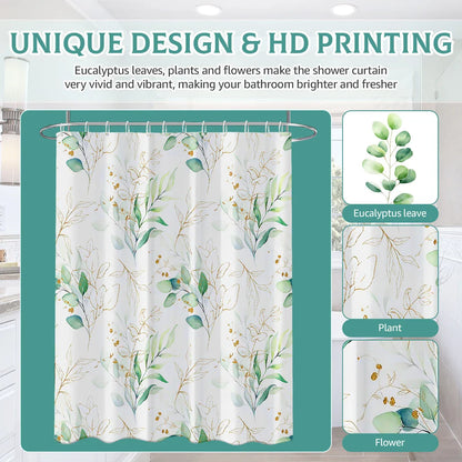 Elegant leaf-patterned waterproof shower curtain with a nature-inspired design, suitable for UK bathrooms