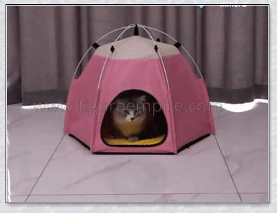 Cosy hexagonal pet tent made of microfibre fabric and carbon rods, providing a warm and stable space for cats and small dogs to relax indoors or outdoors.