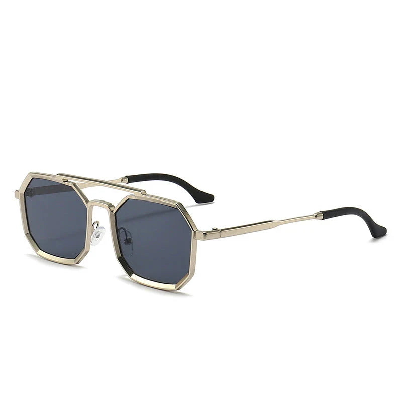 Stylish polygonal double bridge sunglasses with metal frames and mirror-coated lenses for men and women