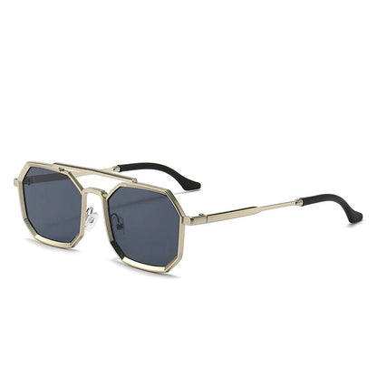 Stylish polygonal double bridge sunglasses with metal frames and mirror-coated lenses for men and women