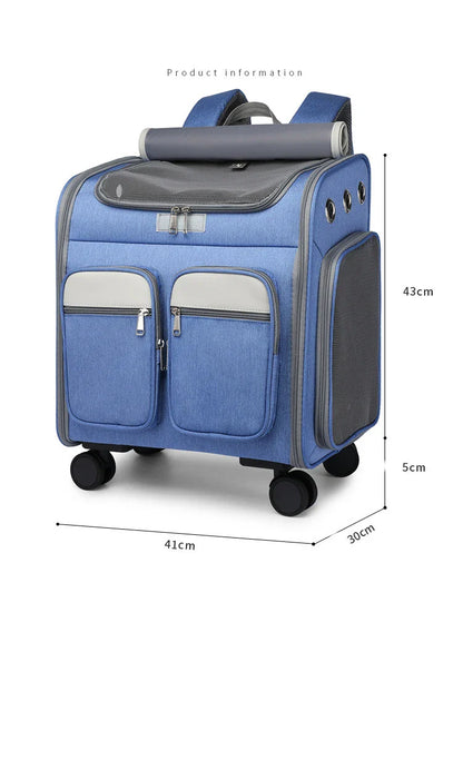 Convenient pet carrier trolley in blue colour, designed with a folding mechanism for easy transport and storage