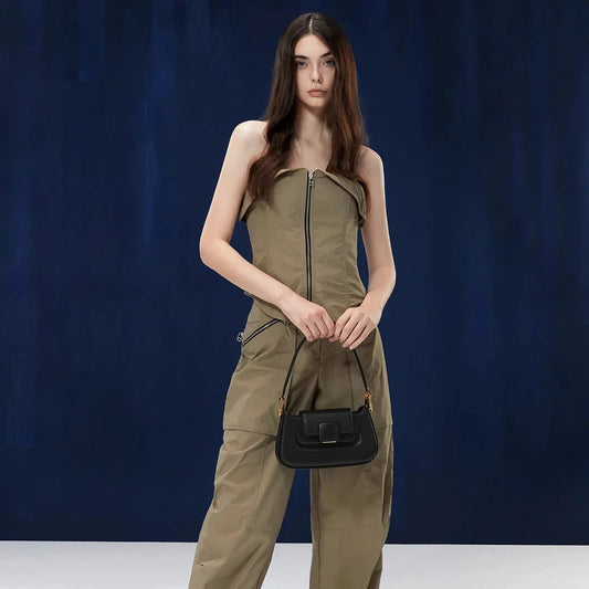 Sophisticated silk-lined TPU crossbody baguette bag in green, black, and navy colours