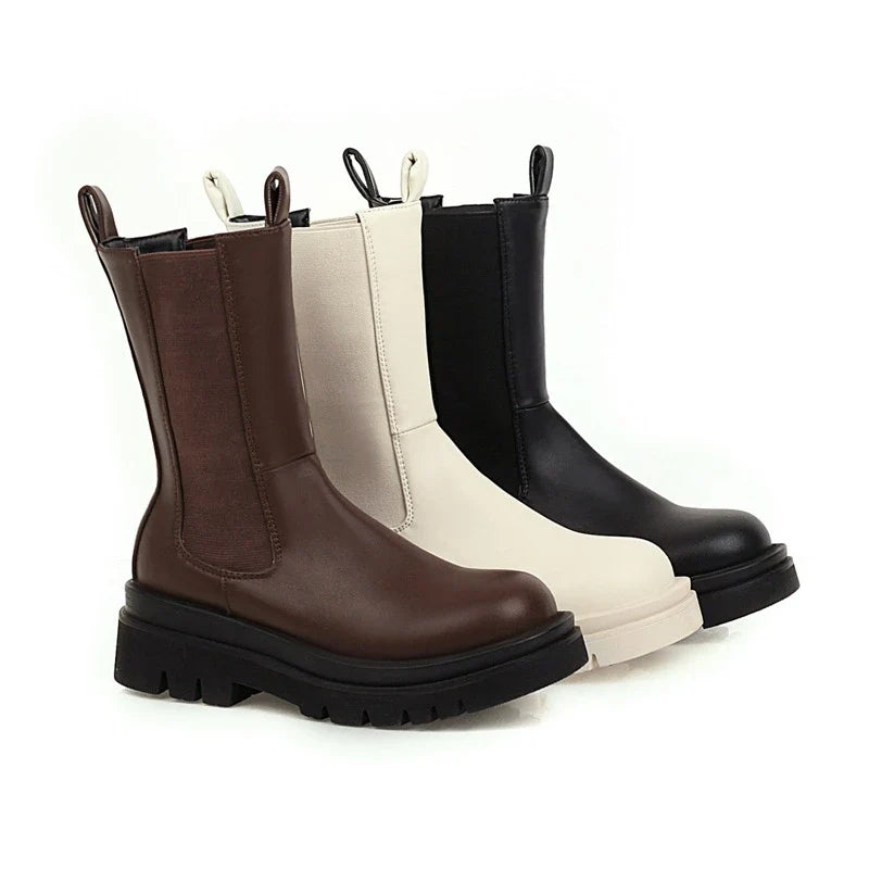 Stylish mid-heel British platform knight boots with robust sole, square toe, and thick heel