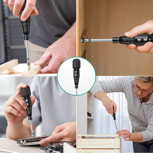 Versatile 9-in-1 cordless screwdriver set with LED lights, featuring dual electric and manual functionality, powerful torque, and a comprehensive bit selection for DIY and repair projects.