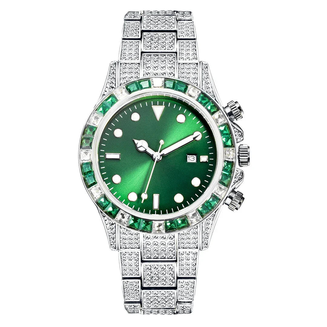 Premium diamond-encrusted green quartz watch with luminous display and sun pattern design
