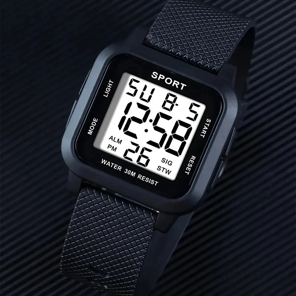 Rugged LED military sports watch with shock-resistant rubber case and tough TPU band, designed for adventurous men in the UK