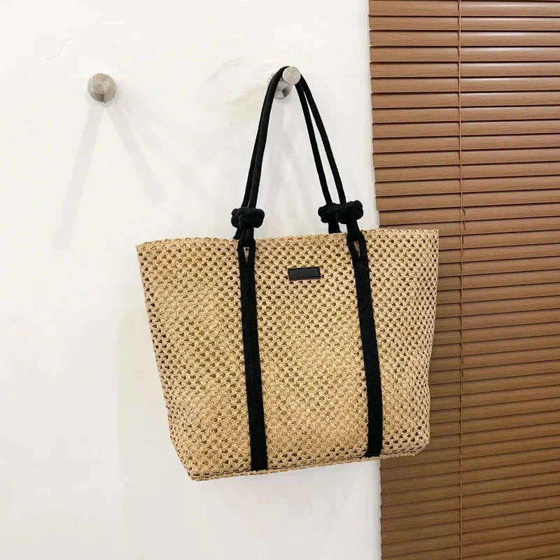 Premium large capacity woven straw beach tote in beige colour with stylish knitted pattern